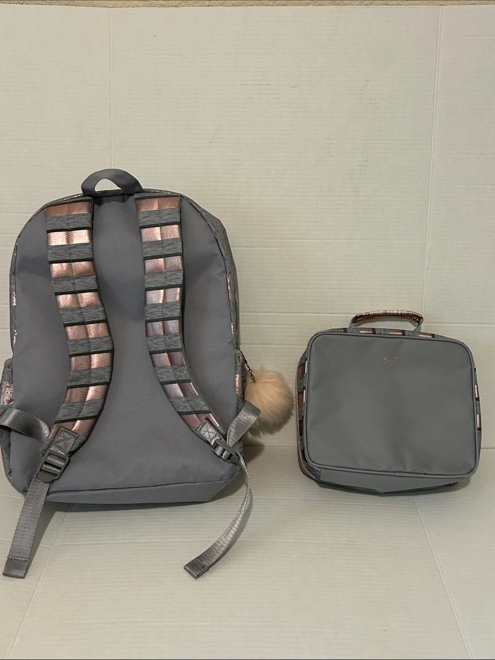 Justice ‘A’ Glitter Gray Backpack & Lunchbox Set with Rose Gold Polka Dots